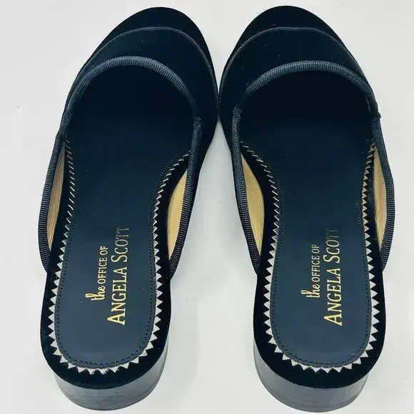 The Office of Angela Scott Adelaide Mule 38.5 Black Velvet Low Heel Wingtips NIB